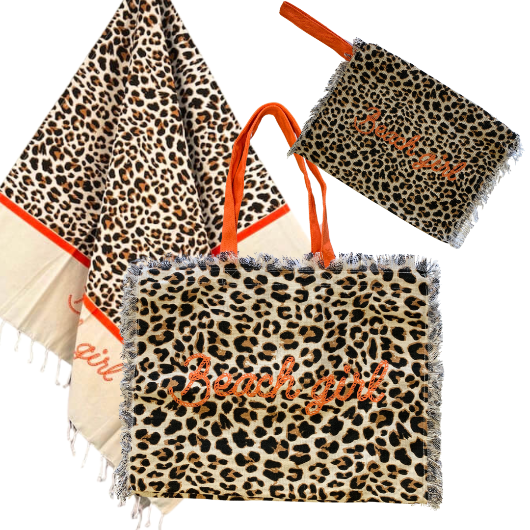 LEOPARD - комплект плажна чанта, кърпа и несесер